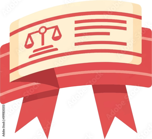 Law, justice, certificate, award, red ribbon, vector icon