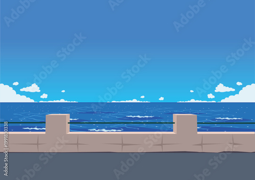 A city embankment with a railing and sidewalk by the blue sea. This hand-drawn vector illustration depicts summer vacations and travel.