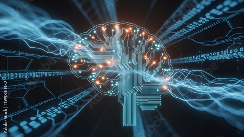 Artificial Intelligence Brain with Glowing Circuitry and Digital Data Flow. Concept of AI, Machine Learning, Cognitive Computing, and Advanced Technology.