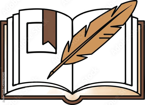 Open Book with Feather Quill Pen, Educational Illustration, Vintage Style, Brown Colors