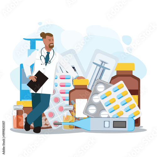 A cheerful doctor with a tablet in hand stands next to pills, tubes, and medications. Ordering medications at a pharmacy via a smartphone app and website. Hand-drawn vector illustration.