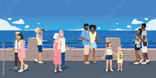 Families with children and couples stroll along the sidewalk of the embankment by the blue sea. This hand-drawn vector illustration depicts summer vacations and travel.