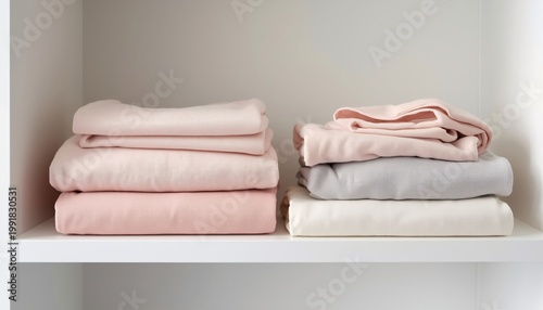 Neatly organized stacks of soft, comfortable blankets or linens on a pristine white shelf, creating a sense of domestic tranquility and cleanliness perfect for a peaceful home