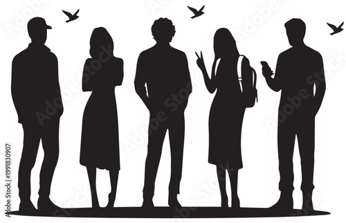 Black silhouette group of young people standing together, diverse crowd of men and women in casual clothing, flat vector illustration of friends