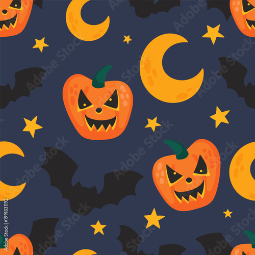 Seamless Halloween pattern with pumpkins bats and moon flat vector background. Perfect for textile, wrapping paper, wallpaper, packaging, and seasonal decorations