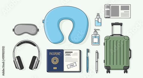 Travel, vacation, trip essentials, icons, vector graphics, luggage, accessories