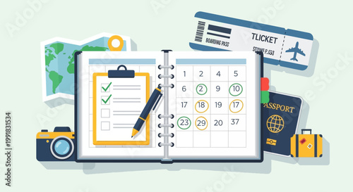 Travel planning, vacation checklist, calendar, and luggage icons, tourism concept, vector graphics