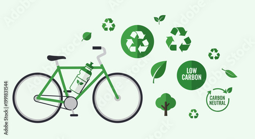 Eco friendly bicycle, green transport, low carbon, sustainable living icons, vector graphics