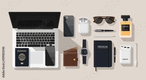 Travel essentials, accessories, gadgets, and documents, flat lay