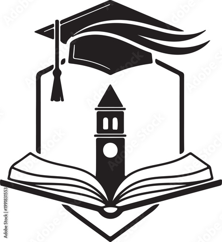 A black and white vector logo featuring a graduation cap, an open book, and a university clock tower set within a shield emblem.