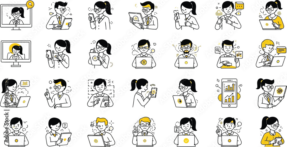Fototapeta premium Illustrations of diverse digital communication and work scenarios in an office setting Vector