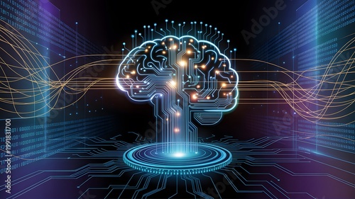 Artificial Intelligence Brain with Circuit Board Design and Glowing Binary Code. Concept of Digital Mind, Machine Learning, Big Data, and Futuristic Technology.