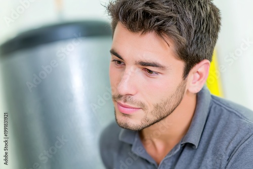 A young man with a thoughtful expression in a modern setting
