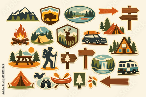 Retro National Park Sticker Set with Vintage Outdoor Adventure Badges, Camping Icons, Hiking Trail Signs, Wildlife Illustrations, Mountain Landscapes, and Forest Nature Elements for Travel Design