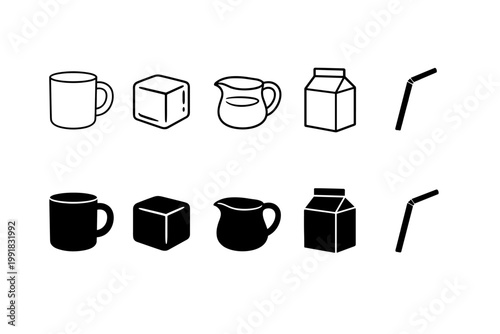 Set of black and white coffee and beverage icons featuring a mug, ice cube, creamer pitcher, milk carton, and straw in outline and solid silhouette styles for cafe menu design and graphic projects.