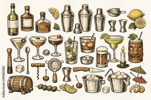 Vintage Hand Drawn Bar Collection Featuring Cocktails, Shakers, Glasses, Bottles, and Barware Elements. Retro Engraving Style Sketch of Alcohol Drinks and Tools for Restaurant Menu Design.