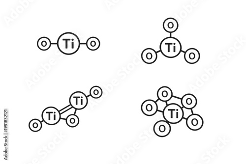 Set of Titanium Dioxide TiO2 Molecule Line Icons. Vector Illustration of Chemical Structures and Atomic Bonds for Science, Chemistry, and Industry. Flat Design Symbols of Titanium and Oxygen Atoms
