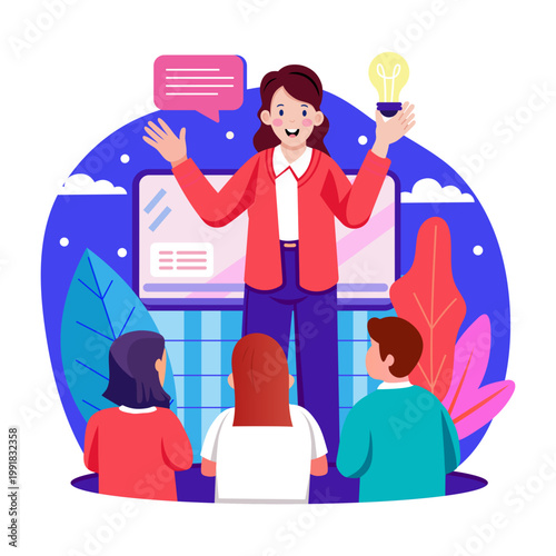 A flat style illustration showing a teacher
