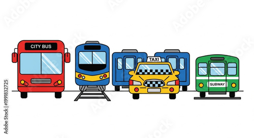 Collection of diverse public transportation vehicles in a row.