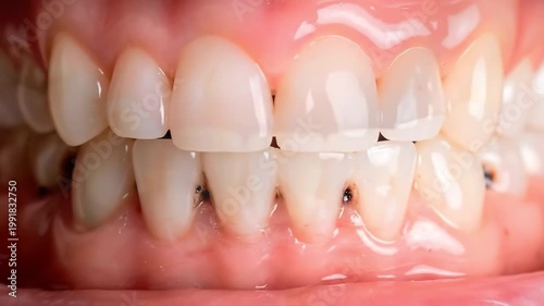 Human teeth with gum tissue and dental plaque buildup, suitable for dental education, oral hygiene awareness, medical research, and health clinics.