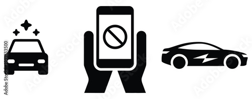 Car, safety and control icon set featuring accident alert, mobile restriction, and electric vehicle charging status symbols, modern flat vector illustration collection