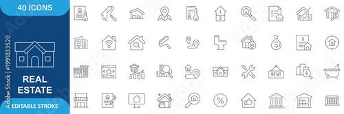 Real Estate Icon Set. Containing Urban Architecture, Building, Skyscraper, Property, Housing, Construction, Residential, Commercial, City and More. Editable Stroke. Vector Illustration