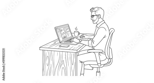 Professional Working at Desk Minimalist Vector Set, Office Figure with White Fill and Clean Black Outlines for Interior Floor Plans and Architectural Drafting