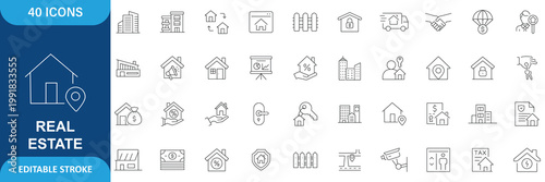Real Estate Icon Set. Containing Urban Architecture, Building, Skyscraper, Property, Housing, Construction, Residential, Commercial, City and More. Editable Stroke. Vector Illustration