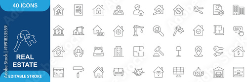 Real Estate Icon Set. Containing Urban Architecture, Building, Skyscraper, Property, Housing, Construction, Residential, Commercial, City and More. Editable Stroke. Vector Illustration
