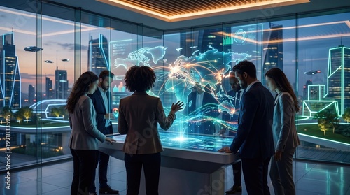 Business professionals collaborating on a futuristic holographic interface Big data visualization with global network connections Artificial intelligence concept for digital