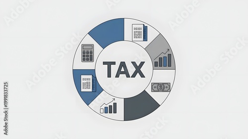 Taxation Business Concept Illustration with Financial Icons: Accounting, Income, Planning, and Growth