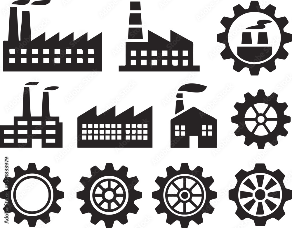 Naklejka premium factory silhouettes set chimneys smokestacks sawtooth roofs and gears