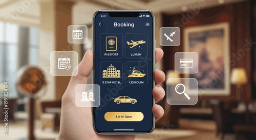 Travel app, booking interface, smartphone screen, hotel reservation, transportation icons