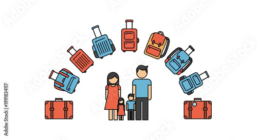 Travel, vacation, luggage, family, cartoon illustration, icons set