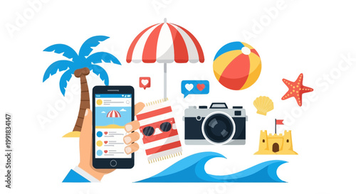 Summer vacation icons, beach travel symbols, tropical getaway graphics, holiday elements