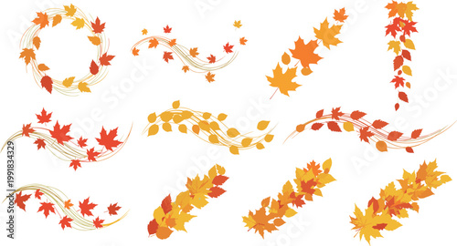Autumn fall leaves swirl collection with maple foliage decorative elements flowing shapes isolated seasonal vector illustration set