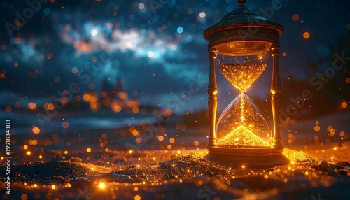 Hourglass in a mystical setting with a starry background.