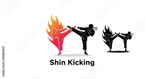 Dynamic Silhouette Martial Arts Kick with Fiery Flames Illustration.