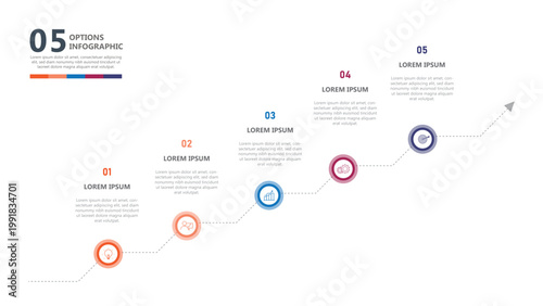 Modern 5 Step Business Infographic Timeline Design with Icons and Growth Arrow Vector Template