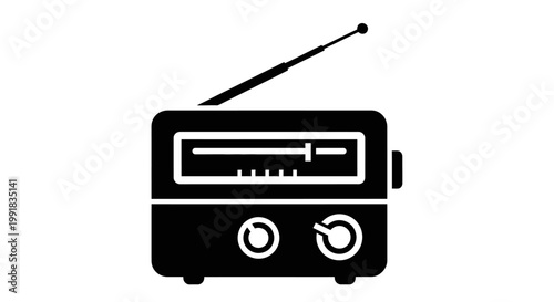 A simple black silhouette icon of a vintage portable radio with an antenna.
