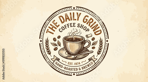 Vintage coffee shop logo features a hand-drawn coffee cup illustration.