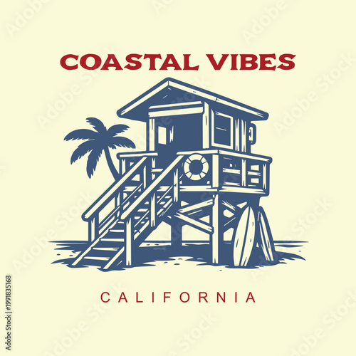 Lifeguard Beach Station Minimal Vintage Engraving Vector Illustration
