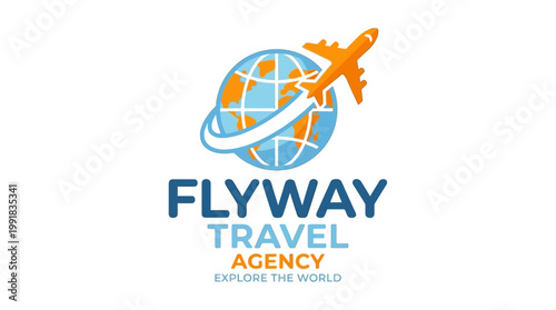 Travel agency logo features airplane and globe icon with travel words