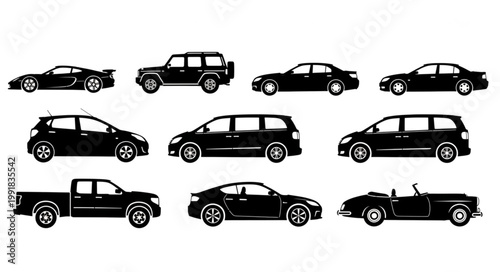 Collection of Diverse Silhouettes of Cars and Vehicles.