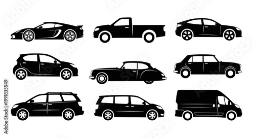 Collection of Silhouetted Cars and Vehicles.