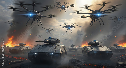 Modern Warfare: Armored Tanks and Swarm Drones in a Battlefield