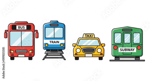 Collection of public transportation vehicles including bus train taxi and subway.