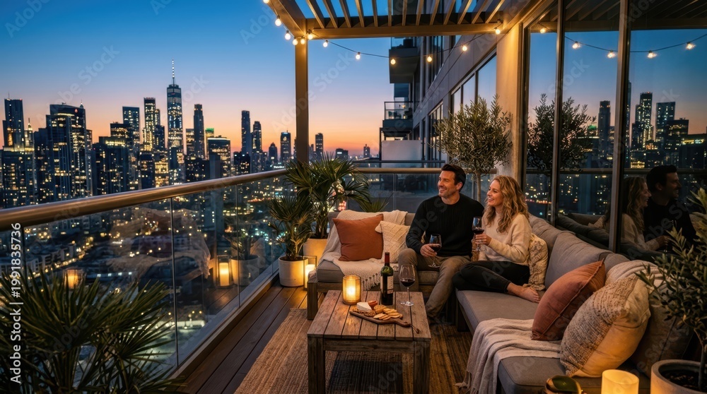 Naklejka premium Couple enjoys wine on a balcony overlooking a city skyline at dusk
