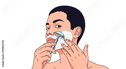 Young man shaving face with razor and shaving cream