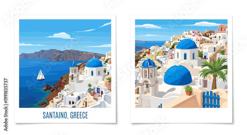 Greek Islands, Santorini Landscape, Whitewashed Houses, Blue Domes, Travel Postcards